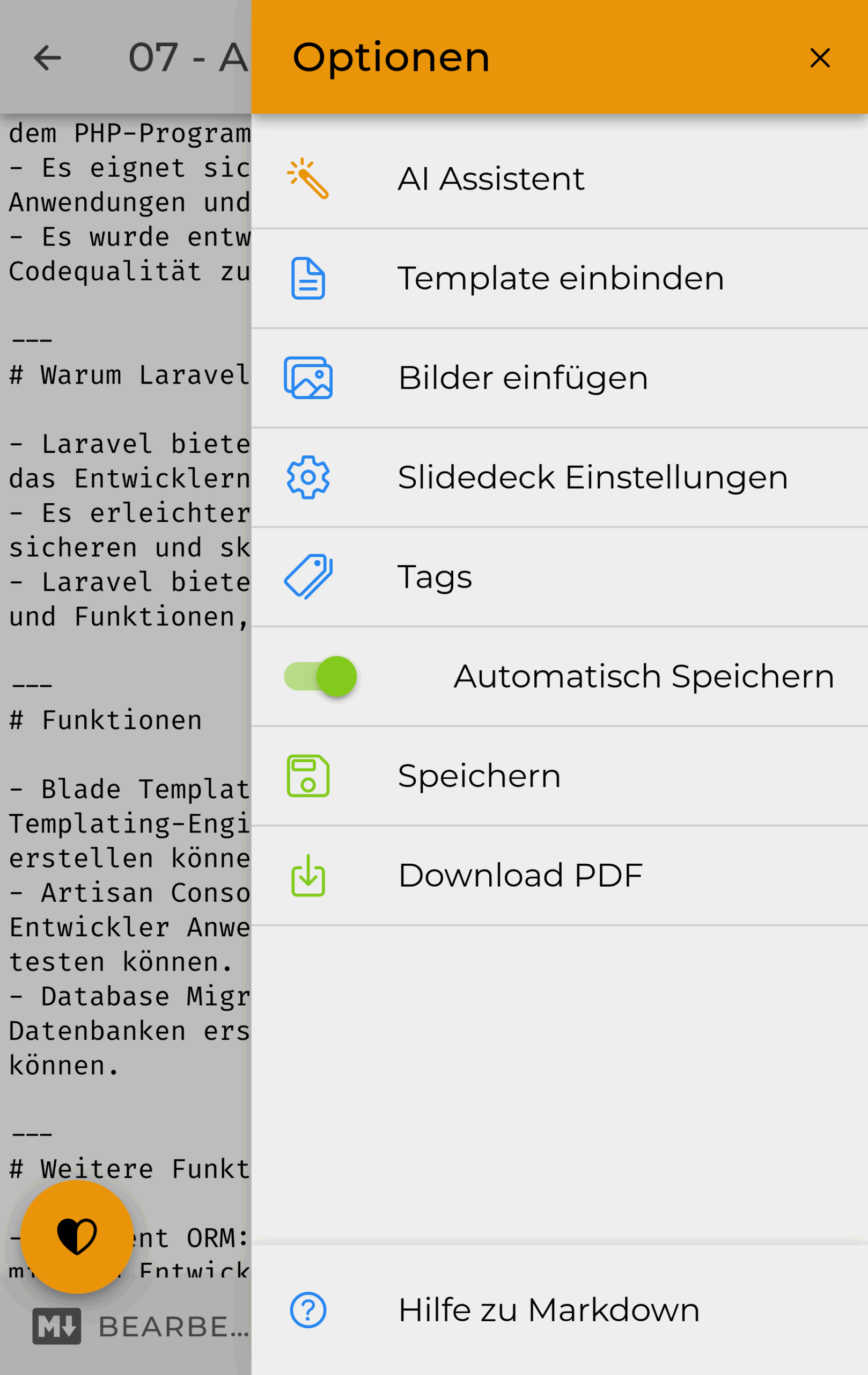 Menü des Markdown Editors